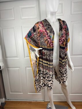 Boho Multi-Print Women's Wrap Scarf with Yellow Trim
